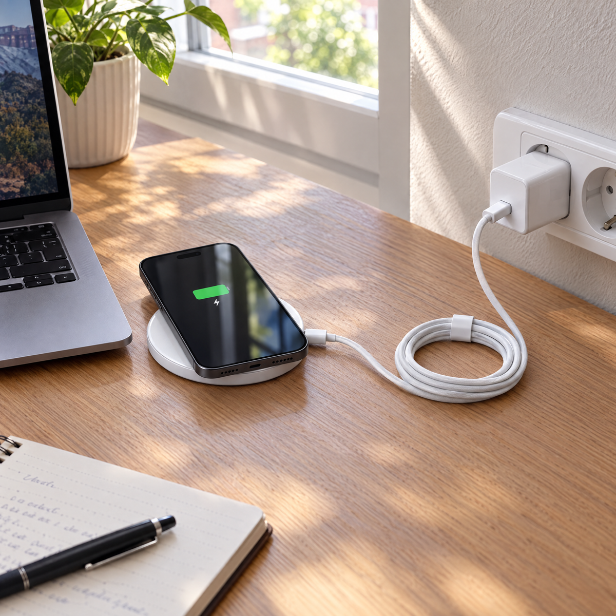 Chargeur sans fil, câble USB-C et adaptateur du coffret sur un bureau, smartphone non inclus
