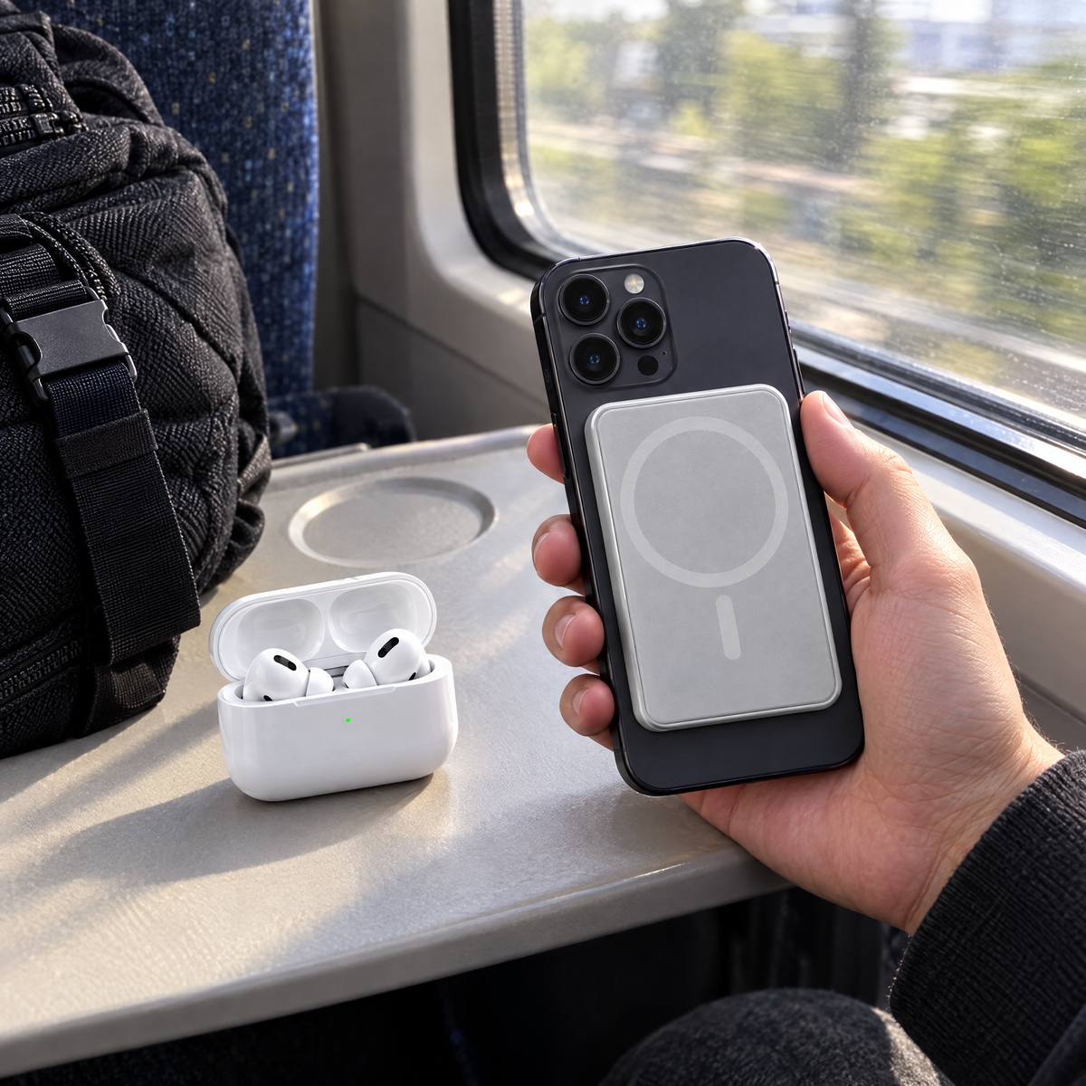 Écouteurs sans fil et batterie magnétique du coffret dans le train, smartphone non inclus