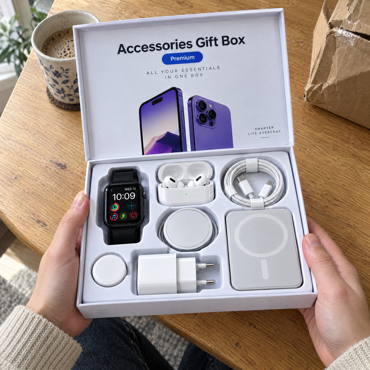 Coffret PracticTech 6 en 1 ouvert, tenu en main, avec ses accessoires