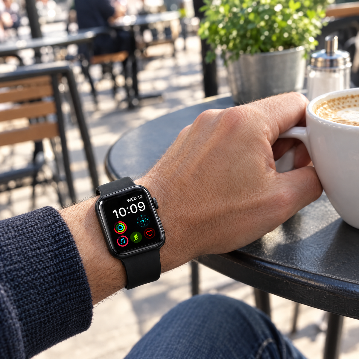 Montre connectée du coffret portée au poignet en terrasse