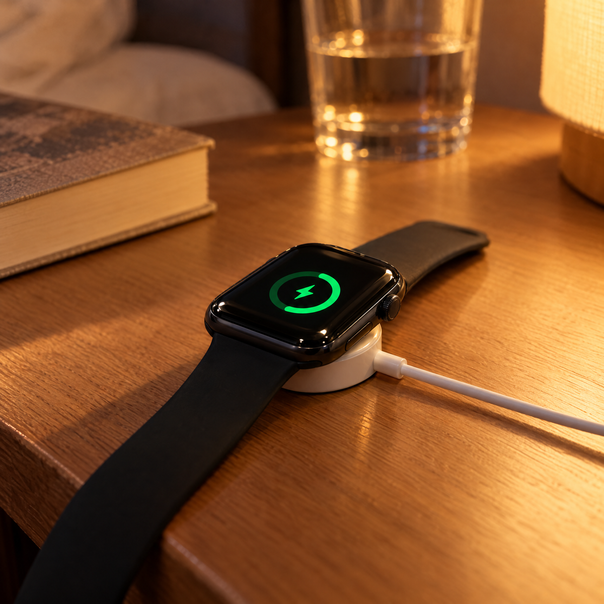 Montre connectée du coffret sur son chargeur, table de nuit