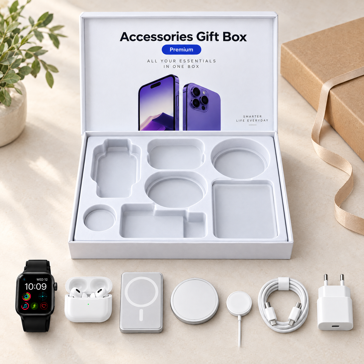 Coffret PracticTech 6 en 1 ouvert avec la montre et son chargeur, les écouteurs, la batterie magnétique, le chargeur sans fil, le câble USB-C et l’adaptateur